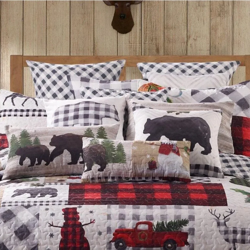 Merry Christmas Winter Lodge Printed QUEEN Quilt Set Holidays Red Truck